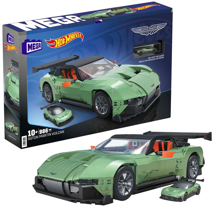 Mega Bloks Hot Wheels Aston Martin Vulcan - Coffret de Construction à Grande Échelle 1:18 avec 986 Pièces - Voiture avec Portes et Capot Ouvrants et Races Wheel