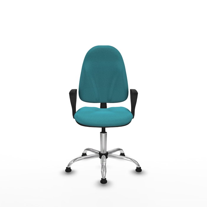 Chaise de bureau Algarra avec mécanisme de contact permanent de base, recouverte de tissu turquoise. Équipée d'une base chromée, d'accoudoirs fixes et de butées