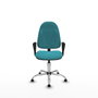 Chaise de bureau Algarra avec mécanisme de contact permanent de base, recouverte de tissu turquoise. Équipée d'une base chromée, d'accoudoirs fixes et de butées