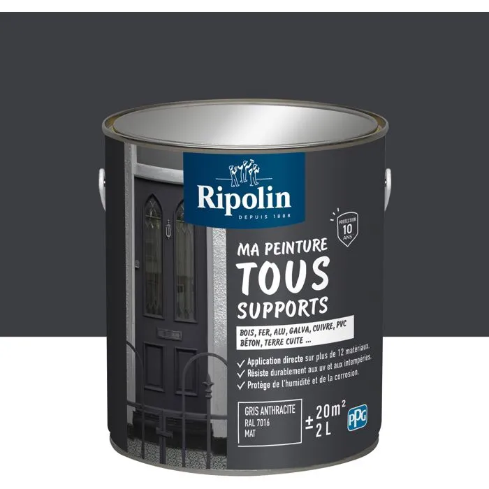 Ripolin - Peinture multi-supports mat gris anthracite RAL 7016 - Application directe bois, métal, béton - Protection UV et intempéries - 2L