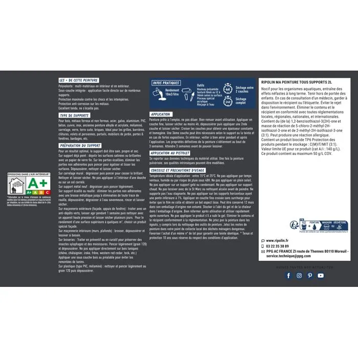 Ripolin - Peinture multi-supports mat gris anthracite RAL 7016 - Application directe bois, métal, béton - Protection UV et intempéries - 2L