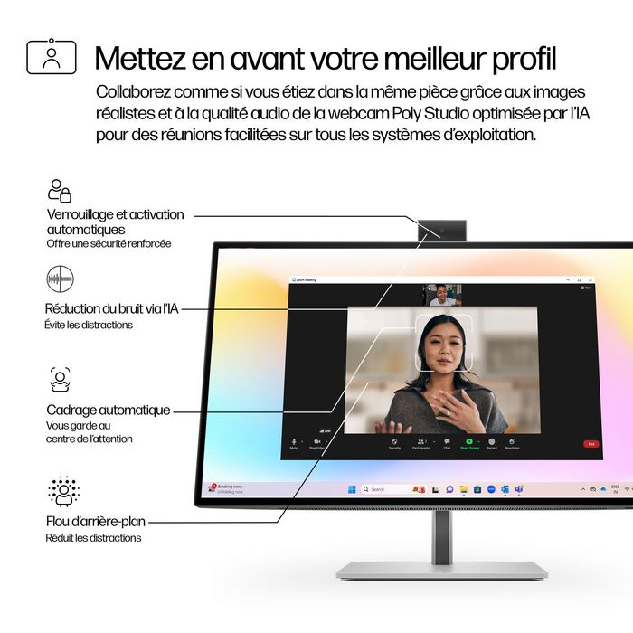 HP Série 7 Pro 27 pouces - Écran de conférence 4K avec IA, Thunderbolt 4, webcam Poly Studio intégrée et calibrage des couleurs d'usine HP Série 7 Pro 27 pouces - Écran de conférence 4K avec IA, Thunderbolt 4, webcam Poly Studio intégrée et calibrage des couleurs d'usine