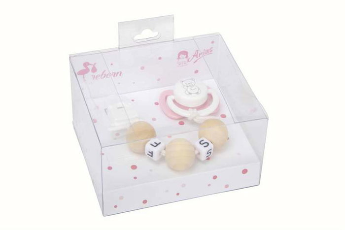 Set Chupete Rosa/Blanco avec chaîne de billes de bois et pince blanche