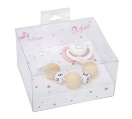 Set Chupete Rosa/Blanco avec chaîne de billes de bois et pince blanche