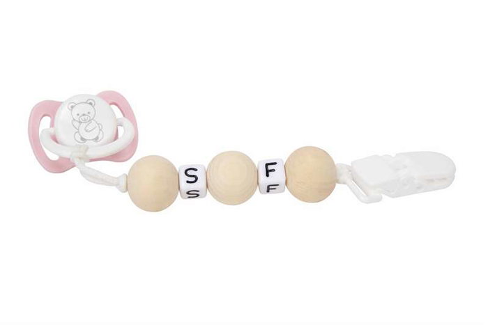 Set Chupete Rosa/Blanco avec chaîne de billes de bois et pince blanche