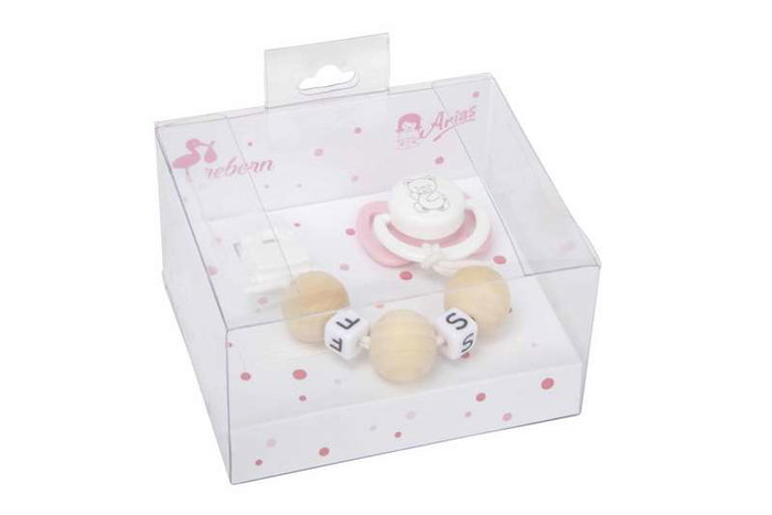 Set Chupete Rosa/Blanco avec chaîne de billes de bois et pince blanche
