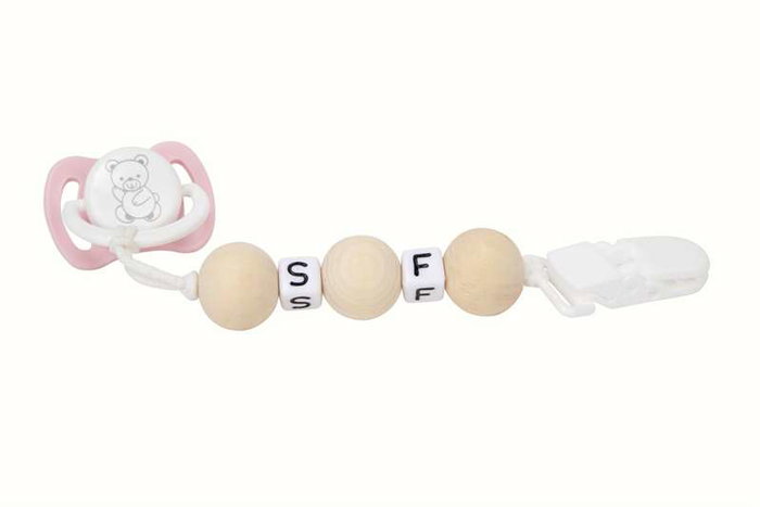 Set Chupete Rosa/Blanco avec chaîne de billes de bois et pince blanche