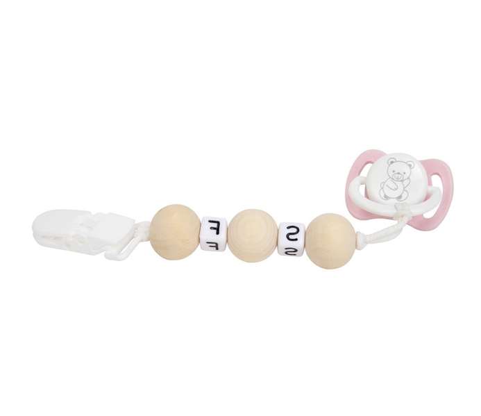 Set Chupete Rosa/Blanco avec chaîne de billes de bois et pince blanche