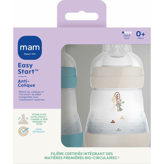 MAM Easy Start - Lot de 2 Biberons Anti-Colique 160 ml - Tétine Débit 1 - Océan + Sable