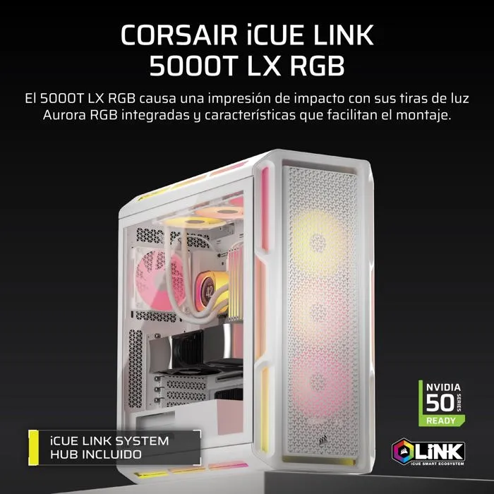 Corsair 5000T LX RGB Boîtier PC ATX Blanc - 3 Ventilateurs LX120 RGB, Éclairage Aurora RGB, Compatible ASUS BTF, MSI Project Zero, Gigabyte Project Stealth Corsair 5000T LX RGB Boîtier PC ATX Blanc - 3 Ventilateurs LX120 RGB, Éclairage Aurora RGB, Compatible ASUS BTF, MSI Project Zero, Gigabyte Project Stealth