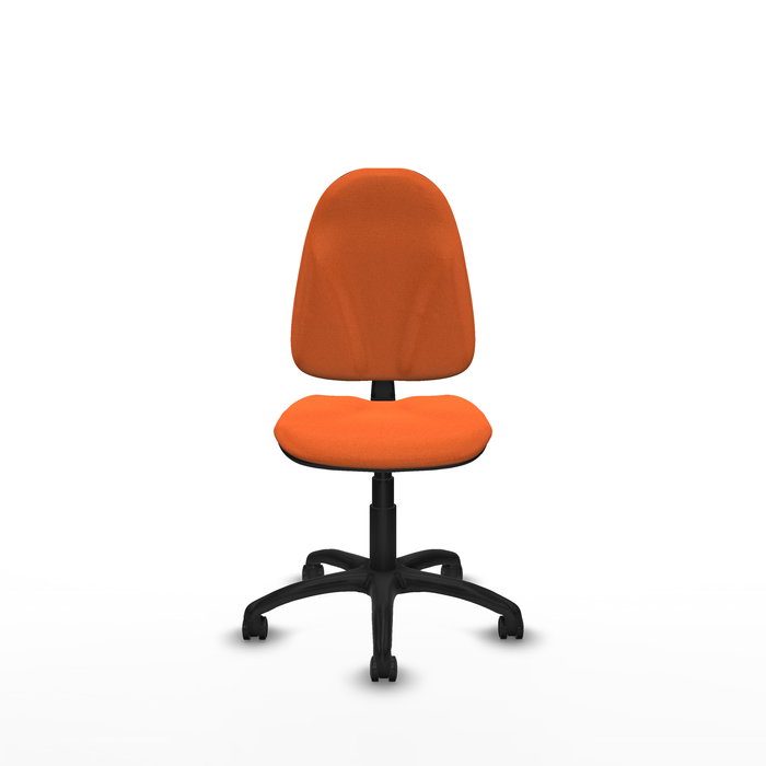 Chaise de bureau Algarra avec mécanisme de contact permanent de base, rembourrée de tissu orange. Équipée d'une base en polyamide noir, sans accoudoirs et avec roulettes pour parquet.