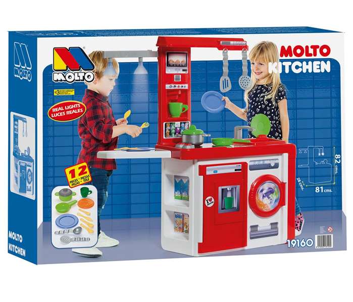 Molto - Cuisine de jeu pour enfant avec lampe et planche à repasser, 12 accessoires, 82 x 81 x 28 cm, plastique, nécessite 2 piles AAA (incluses)