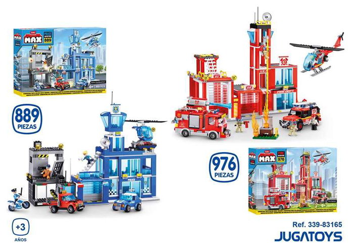 Zuru - Construction Station de Pompiers et Station de Police Max Build avec Véhicules et Accessoires, 976 Pièces, 55 x 40 cm, Modèles Surtidos