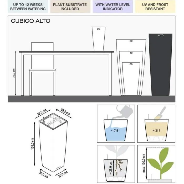 Lechuza Pot de fleur Cubico Alto Premium 40, Kit complet, Argent métalisé, 39,5 x 39,5 x 105 cm