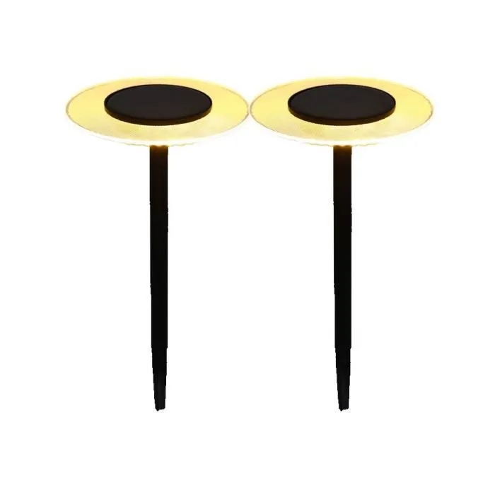 LUMISKY Lot de 2 balises solaires à piquer UFO - H 35 cm - LED blanc chaud - Éclairage de jardin autonome LUMISKY Lot de 2 balises solaires à piquer UFO - H 35 cm - LED blanc chaud - Éclairage de jardin autonome