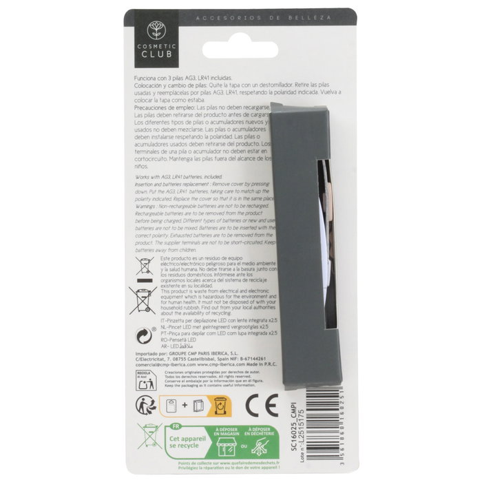 Cosmetic Club Pinces d'épilation avec LED et loupe rotative x25 Cosmetic Club Pinces d'épilation avec LED et loupe rotative x25