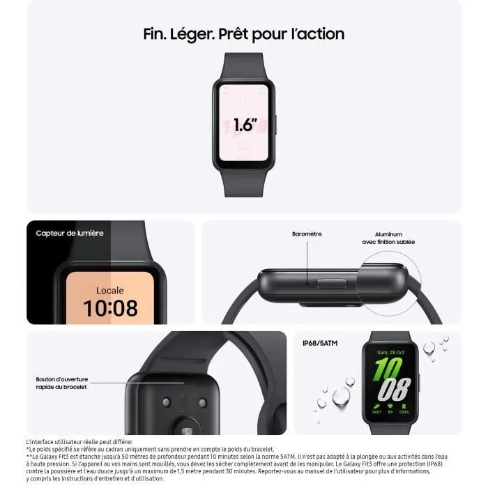 Samsung Bracelet Connecté Fitness Galaxy Fit 3 Gris, Écran AMOLED 1,6", Notifications, Suivi Santé, 100+ Entraînements
