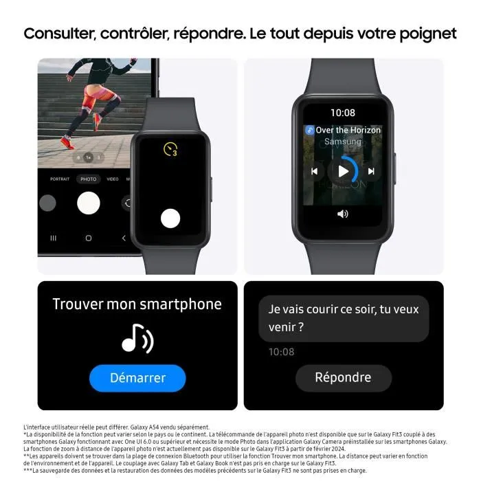 Samsung Bracelet Connecté Fitness Galaxy Fit 3 Gris, Écran AMOLED 1,6", Notifications, Suivi Santé, 100+ Entraînements