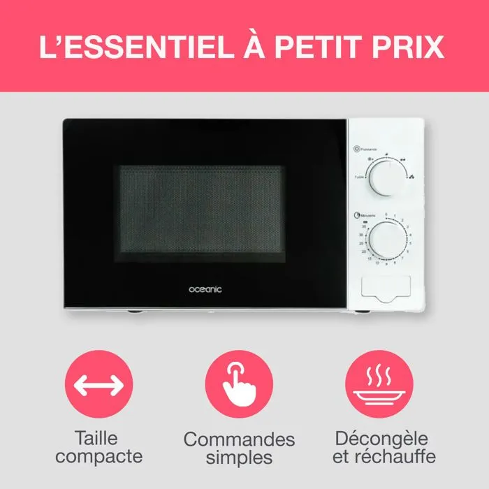 Oceanic MO20W11 - Four à micro-ondes 20L Blanc - Minuterie 35 min et fonction dégivrage - Dimensions (LxHxP) : 45.4 x 26.1 x 32.6 cm
