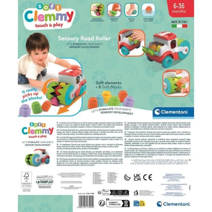 Clementoni Camion sensoriel Clemmy avec rouleau mange-blocs et cubes souples lavables - Jouet d'éveil tactile pour enfant dès 24 mois