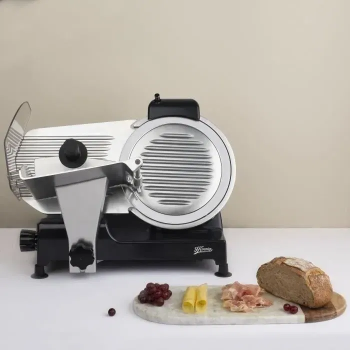 H.Koenig MSX252 Trancheuse à viande professionnelle, Lame de 250 mm, Puissance 240 W, Épaisseur réglable 0-12 mm, Pour jambon, fromage, pain