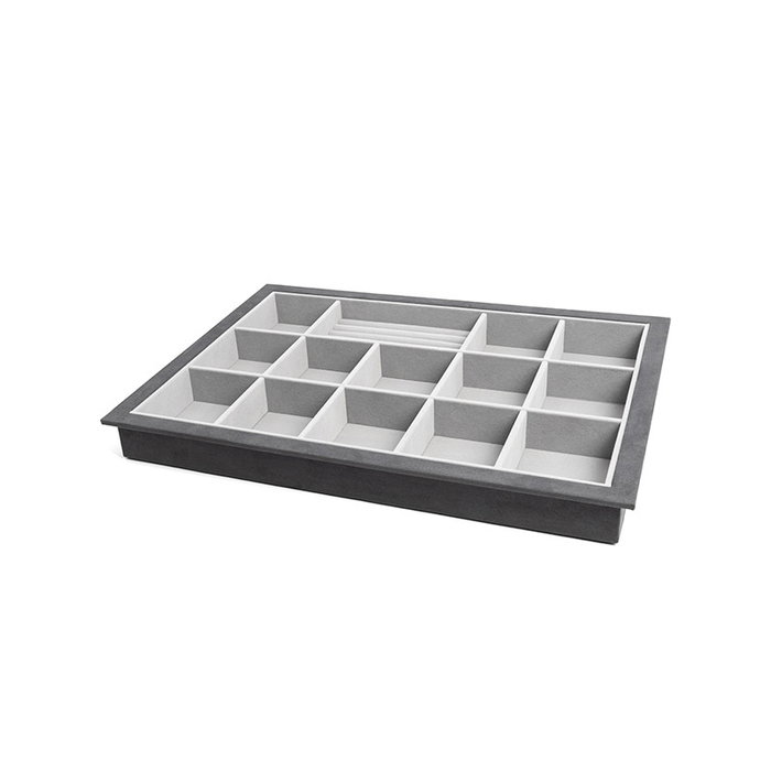 Herrajes Alk Modulo 700 - Bandeau de rangement petit pour bijoux à insérer dans un cadre, en bois recouvert de tissu velours avec 14 compartiments, couleur gris graphite Herrajes Alk Modulo 700 - Bandeau de rangement petit pour bijoux à insérer dans un cadre, en bois recouvert de tissu velours avec 14 compartiments, couleur gris graphite