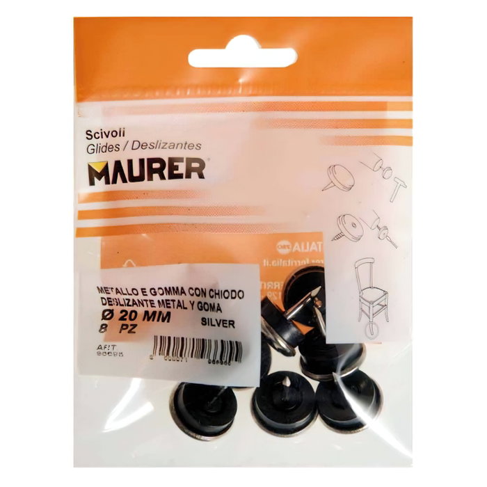 MAURER Patin métal caoutchouc clair Ø20 (blister 8 unités)