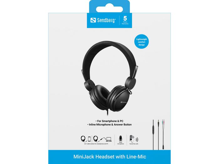 Sandberg Casque Audio Pliable avec Microphone In-Line et Bouton Réponse - Pour Smartphone et PC - Confortable pour un Port Prolongé
