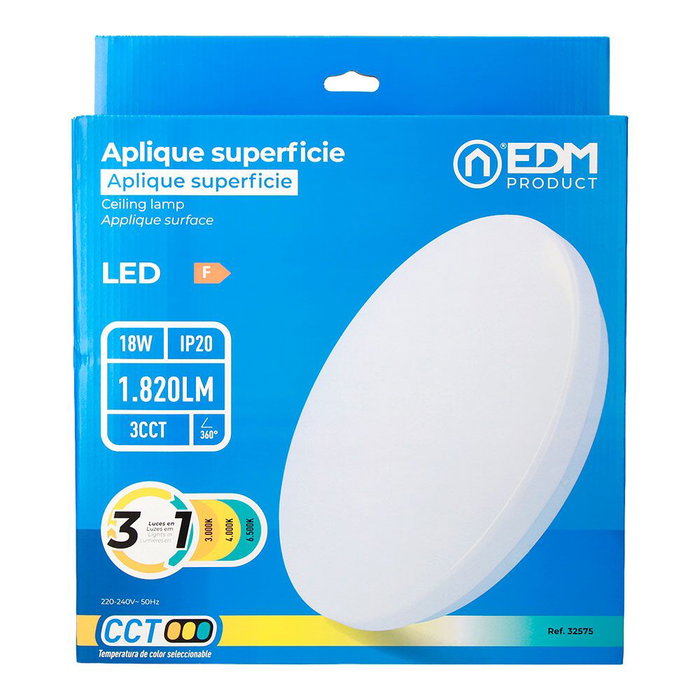Edm Applique LED circulaire de surface 18W 3CCT ø33 x 6,6 cm