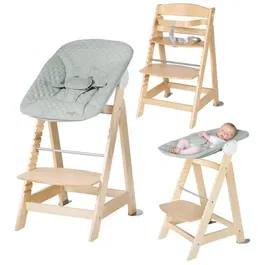 Roba BORN UP - Chaise haute évolutive 2-en-1 bois naturel avec transat inclinable vert givré - De la naissance à 70 kg