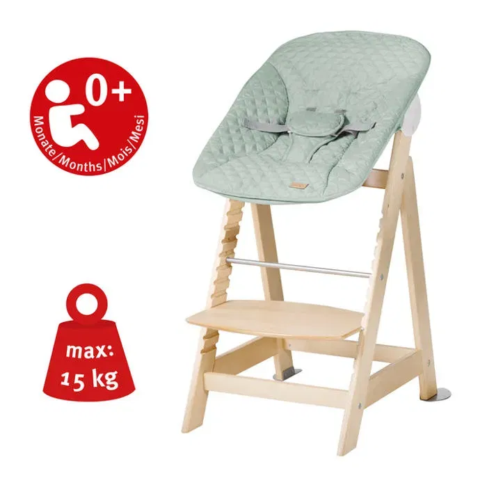 Roba BORN UP - Chaise haute évolutive 2-en-1 bois naturel avec transat inclinable vert givré - De la naissance à 70 kg