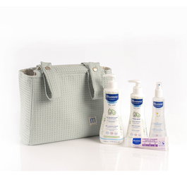 Mustela Set de Soin pour Bébé à la Camomille Bio - Gel Bain, Lait Corps, Baume Crème, Eau Coiffante et Sac Trolley - 5 Pièces