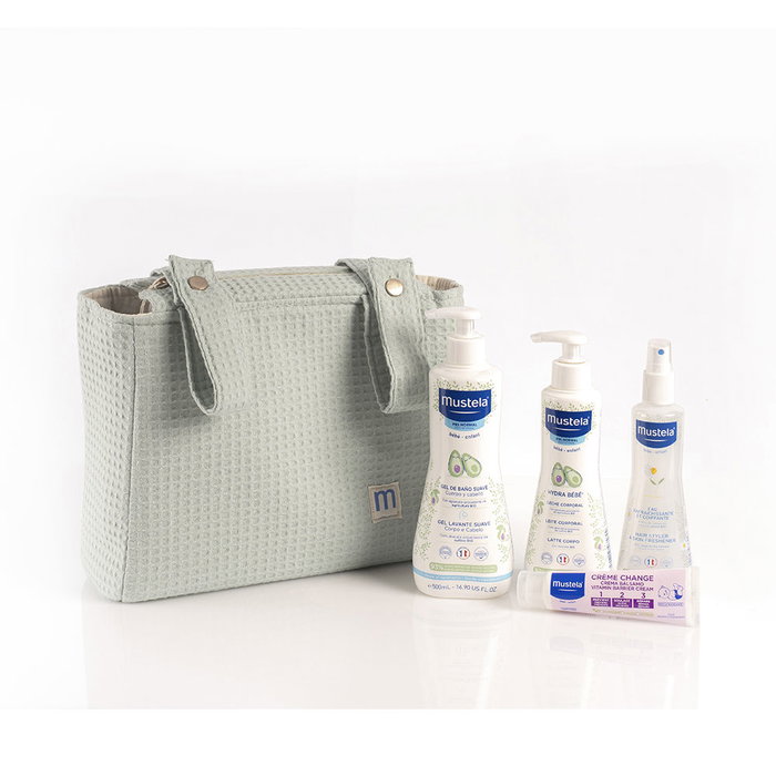 Mustela Set de Soin pour Bébé à la Camomille Bio - Gel Bain, Lait Corps, Baume Crème, Eau Coiffante et Sac Trolley - 5 Pièces