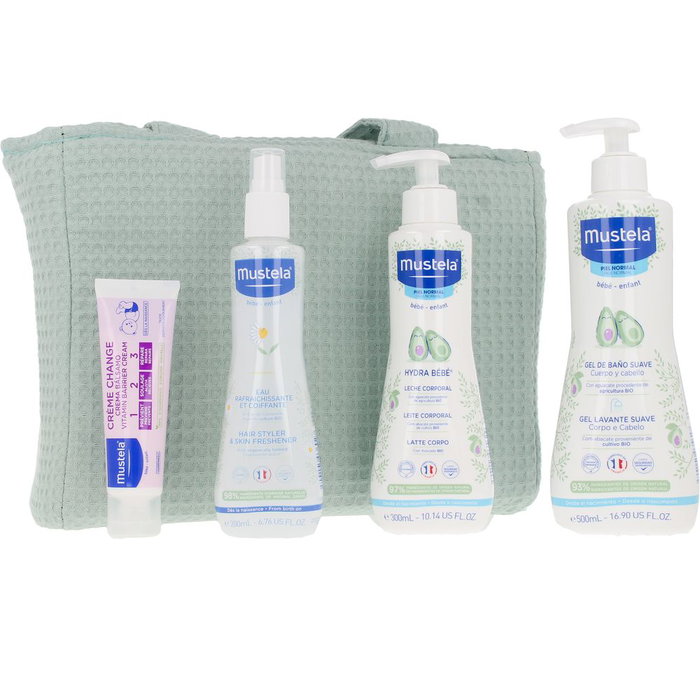 Mustela Set de Soin pour Bébé à la Camomille Bio - Gel Bain, Lait Corps, Baume Crème, Eau Coiffante et Sac Trolley - 5 Pièces