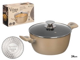 Kinvara Cacerola Induction Forgée 24 cm Beige avec Couvercle en Verre et Poignées Touch Soft (Set de 6)