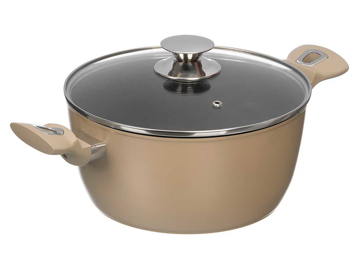 Kinvara Cacerola Induction Forgée 24 cm Beige avec Couvercle en Verre et Poignées Touch Soft (Set de 6)
