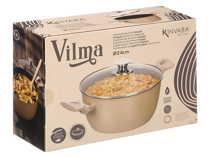 Kinvara Cacerola Induction Forgée 24 cm Beige avec Couvercle en Verre et Poignées Touch Soft (Set de 6)