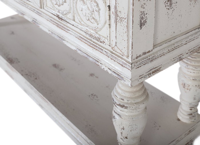 GINER Y COLOMER Console en Bois de Mango Blanc Décaper 3 Portes Sculptées Main avec Étagère Inférieure et Pieds Tournés - 148x44x103 cm