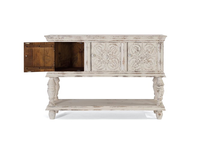 GINER Y COLOMER Console en Bois de Mango Blanc Décaper 3 Portes Sculptées Main avec Étagère Inférieure et Pieds Tournés - 148x44x103 cm