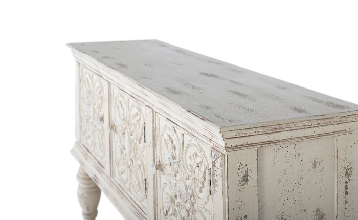 GINER Y COLOMER Console en Bois de Mango Blanc Décaper 3 Portes Sculptées Main avec Étagère Inférieure et Pieds Tournés - 148x44x103 cm