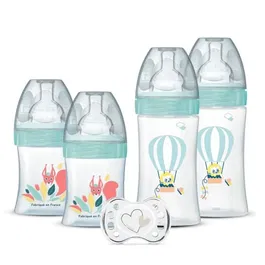 Dodie - Lot de 4 Biberons Naissance à Tétine Plate Anti-Colique (2 x 150 ml + 2 x 270 ml) avec une Sucette Offerte