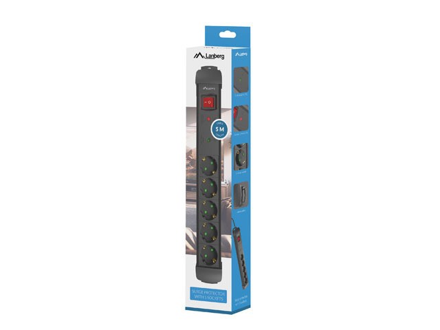 Lanberg Sp1 Multiprise 5 Prises Schuko avec Protection Surtension et Câble 5 m Lanberg Sp1 Multiprise 5 Prises Schuko avec Protection Surtension et Câble 5 m