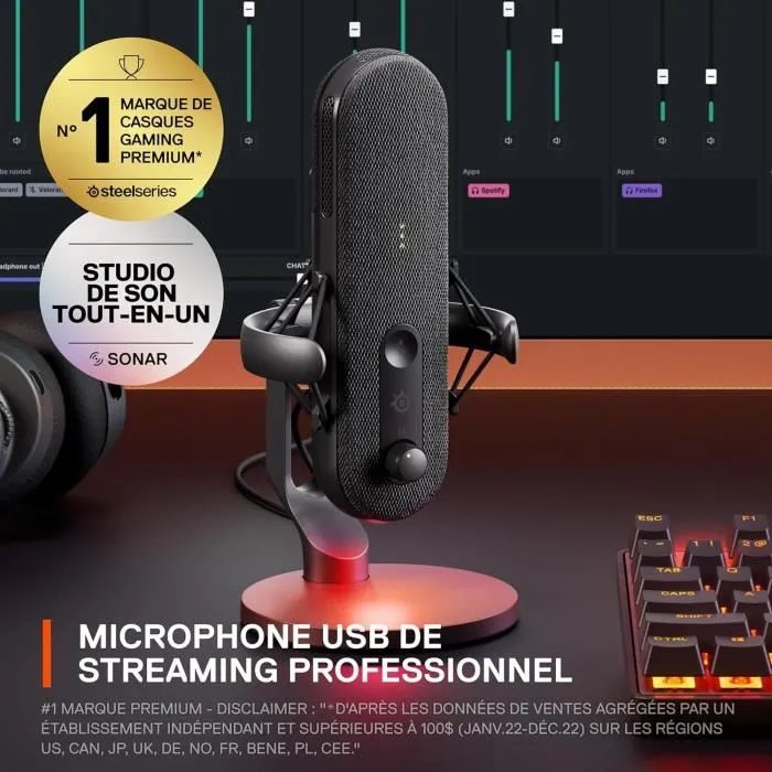 Steelseries Microphone Gaming Alias avec Sonar, LED, Support Ajustable - Capture Vocale Précise pour Joueurs