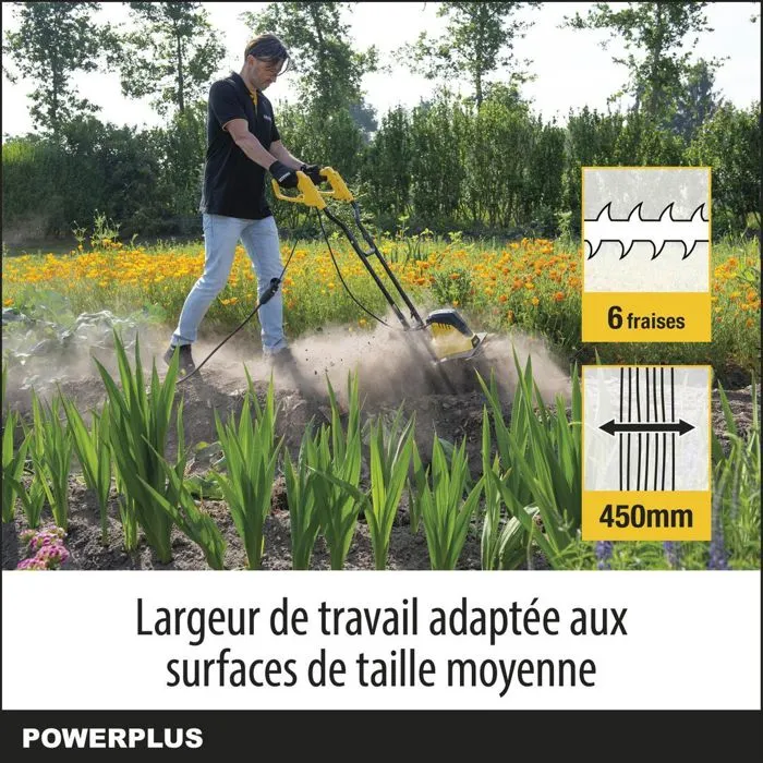 Powerplus Motoculteur Électrique POWXG72010 - 1500 W, 6 Lames, Largeur de Travail 450 mm, Profondeur 220 mm