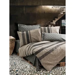 Parure de lit 1 place King 240 x 220 cm - Housse de couette + 2 taies d'oreiller 60 x 60 cm - 100% Coton renforcé 145 fils - Couleur brun/noir/gris - Lavable machine 40°C