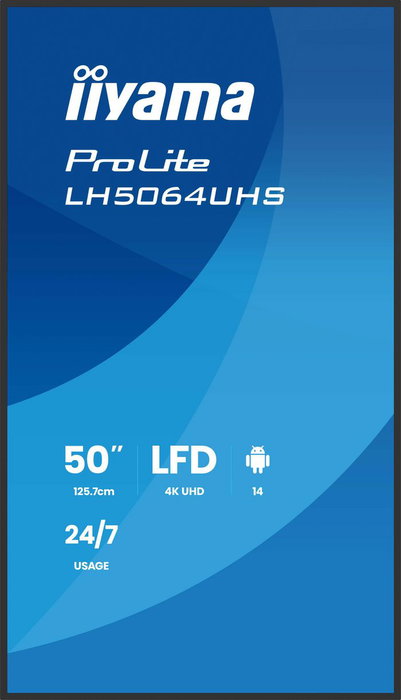 Iiyama 50" 3840x2160 UHD IPS Écran 24/7, 500cd/m², HDMI, USB-C, Wi-Fi, Android 14