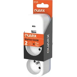 Quarx Biplite - Bloc Prises avec Ports USB-A et USB-C - 2 Prises 16A 3680W - Conforme Norme NF - Adaptateur Secteur Compact