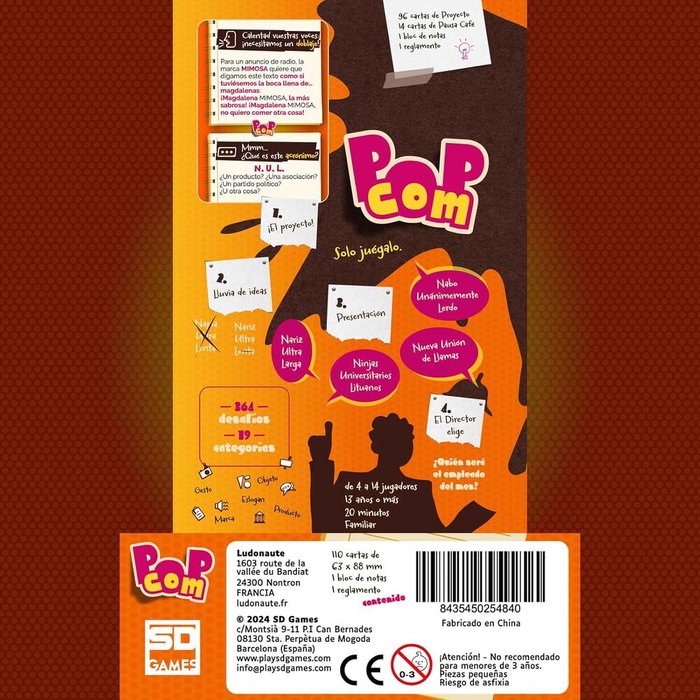 SD Games - Jeu de cartes Pop Com en espagnol - Jeu d'ambiance créatif et publicitaire - Pour 4 à 14 joueurs - À partir de 13 ans - 110 cartes