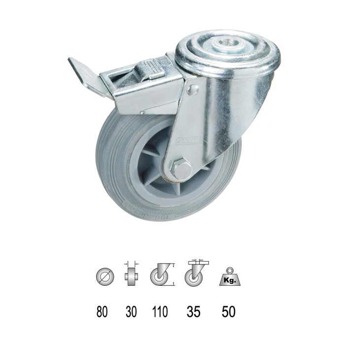 WOLFPACK LINEA PROFESIONAL Rueda Industrial Goma Gris Pasante con freno 80mm WOLFPACK LINEA PROFESIONAL Rueda Industrial Goma Gris Pasante con freno 80mm