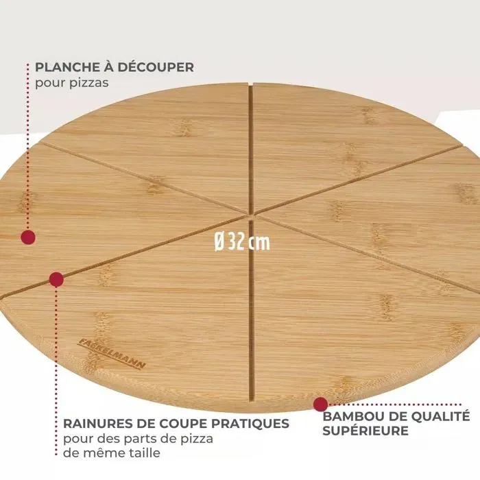 Fackelmann Planche à Pizza en Bois de Bambou avec 6 Rainures de Coupe - Lot de 2 - Diamètre 32 cm